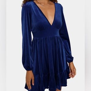 Halara - Deep V-Neck Ruffle Hem Velvet Dress - Blue - LARGE